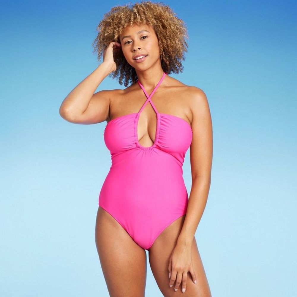 Women's Halter Keyhole Bandeau One Piece Swimsuit - Shade & Shore Pink L